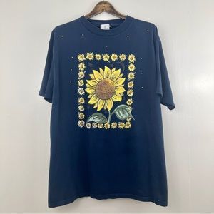 Vintage KWLB Los Angeles Sunflower Print Tee Shirt Navy Blue Studded Tee Large